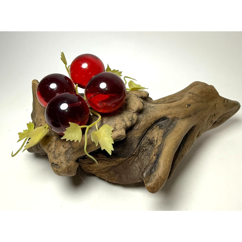 Vintage Lucite Grapes Large Red Cluster MCM on Driftwood Wood Burl 1950s Decor
